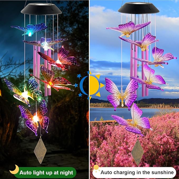 Butterfly Solar Wind Chimes,New Gift for All mom/dad/Women/Grandma/Daughter/Aunt/Friend/Wife and Sister. Yard Decor,Gardening Birthday Gift, Christmas Decorations,Patio Decor