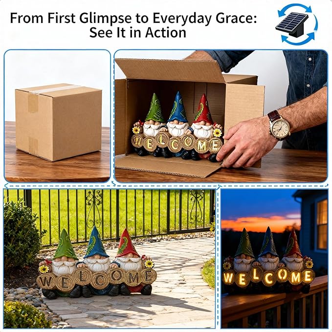 Garden Gnomes Solar Powered Welcome Statue, Outdoor Patio Yard and Garden Decor, Durable Resin, Perfect as, Unique Gifts for Women, Gifts for Grandkids and mom