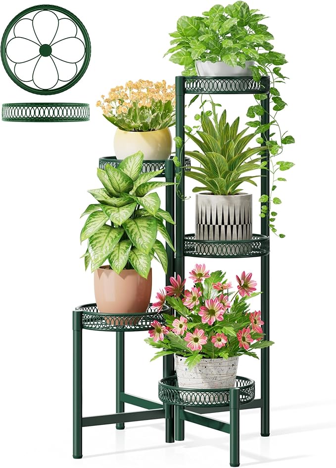 NQW 5-Tier Metal Plant Stand Indoor Outdoor, Corner Tall Plant Shelf for Multiple Plants, Foldable Plant Stand, Heavy Duty Flower Stand Holder for House Living Room Balcony Garden Patio -GreenFlower