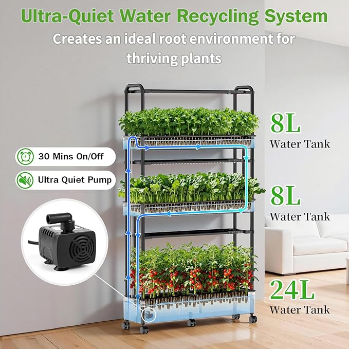 Large Hydroponics Growing System Kit, 90 Pods Vertical Indoor Herb Garden Kit with 2 Light Modes & Auto Circulating Water System, 40L Movable Indoor Gardening System for Herb Vegetable Fruit