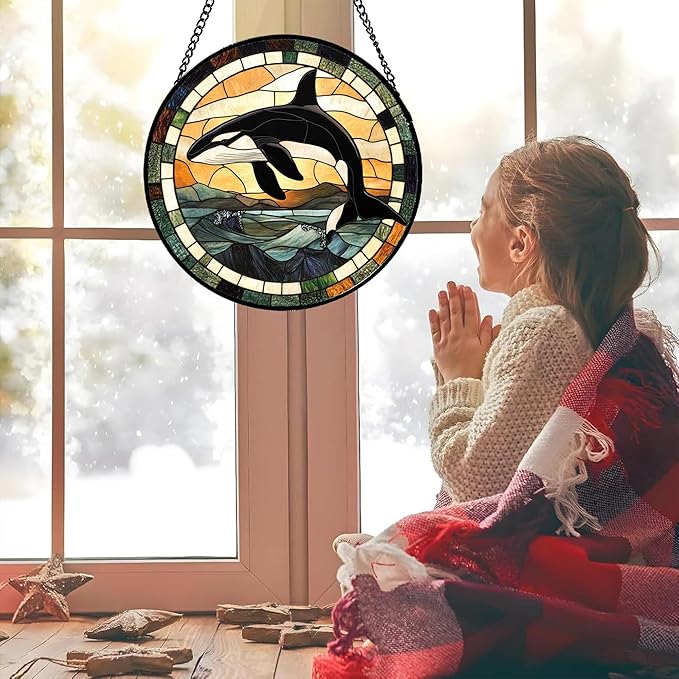 Stained Glass Window Hanging Ocean Wave Killer Whale 6.3" - Suncatcher Door Garden Sunroom Sun Catcher Home Decor Birthday Christmas for Mom Men Woman Nana