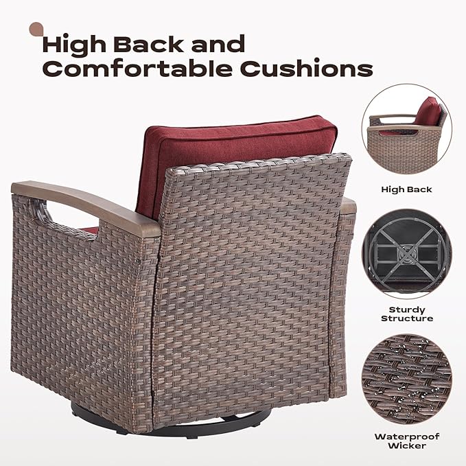 Rilyson Wicker Outdoor Patio Furniture Set - 8 Piece Patio Conversation Sets with Swivel Rocker Chairs, Chairs, Ottomans, Sofa and Coffee Table, Thick Cushions, for Porch Deck Brown/Red
