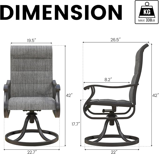 Patio Swivel Chairs Set of 4, Outdoor Dining Chairs with High Back, All-Weather Swivel Rocker Chair for Lawn, Porch or Garden (Padded Dark Grey)