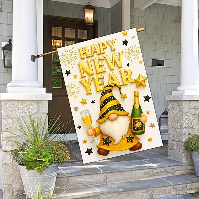 Happy New Year House Flag 28x40 Inch Double Sided Garden Flag Gold Gnome Champagne and Star Design Winter Holiday Yard Banner Large Outdoor Polyester Flag for Porch Lawn Home Decoration