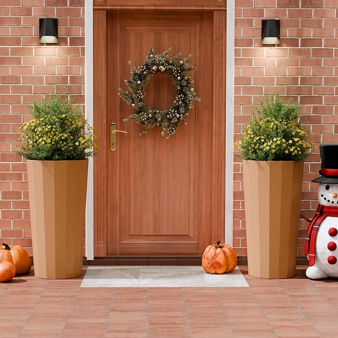 Diyfire 2PCS Tall Planters for Outdoor Plants, 23.6 Inches Large Outdoor Conical Flower Pots for Porch with Drainage Holes and Drainage Baffle, Tapered Large Planters for Garden, Balcony Clay Color