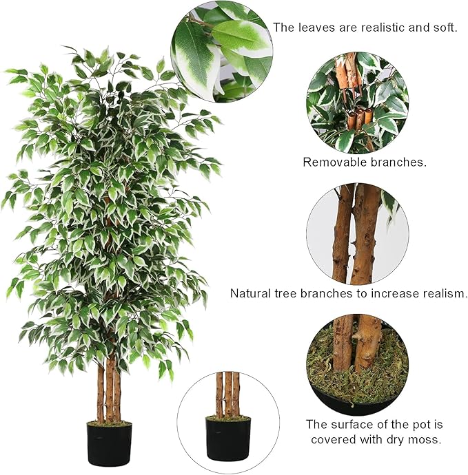 GTIDEA 2 Pcs 6ft Ficus Artificial Trees, Tall Faux Trees Indoor with Natural Trunk and Fake Silk Tree Fake Plants for Home Spring Decor Living Room Outdoor Balcony House Office (Included Dried Moss)