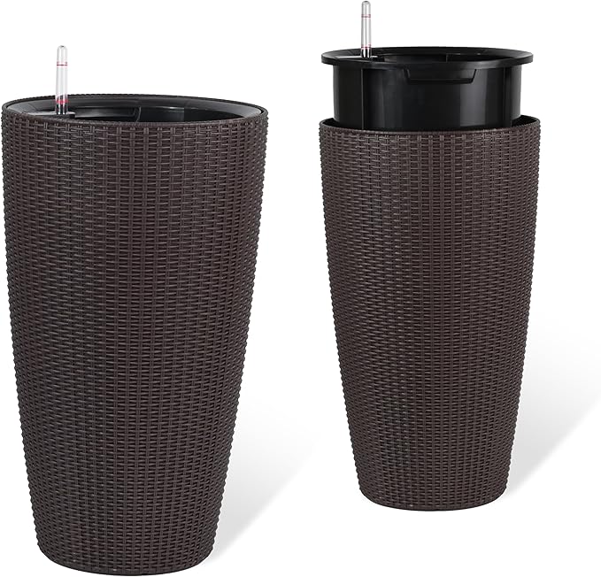 Vigo huseeo 22" Tall Planter Set of 2, Large Self Watering Pots for Indoor/Outdoor Plants with Drain Holes, Water Level Monitor, Inner Bucket for Front Porch Patio, Brown Rattan Conical