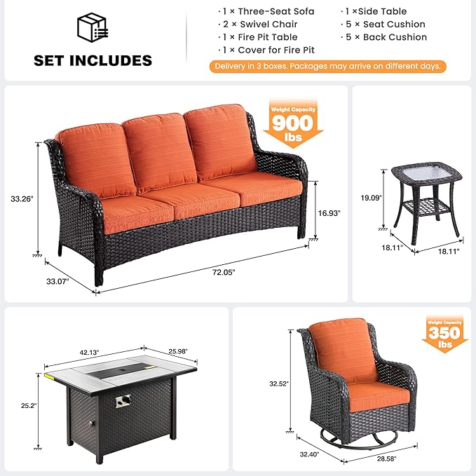 ovios 5 Pieces Patio Furniture Set, Outdoor Wicker Sofa Couch with Swivel Chairs 42" Fire Pit Table, High Back Modern All Weather Conversation Sets, Brown Rattan, Orange Red