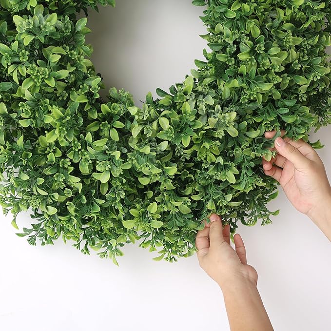 26" Artificial Boxwood Wreath for Front Door - Large Faux Aglaia Odorata Wreath, Fake Eucalyptus Leaves Plants for Wall Window Farmhouse Outdoor Decor - Spring, Summer, All Seasons (Green)