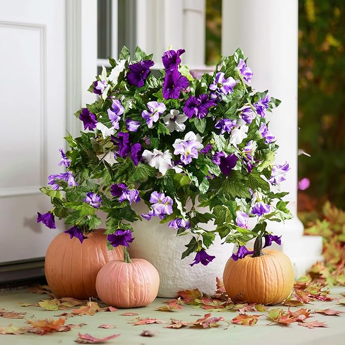 Artificial Morning Glory Flowers Plants for Outdoor 2Pcs Faux Silk Petunias Flower Realistic Faux Flowers Plants for Outside Planter Porch Yard Patio Balcony Home Indoor Decor (2 Pcs Purple)