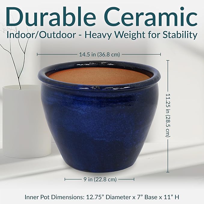 Sunnydaze Large Ceramic Plant Pot - Round Outdoor Glazed Ceramic Planter Pot with Drainage - Chalet - Imperial Blue - 14.5"