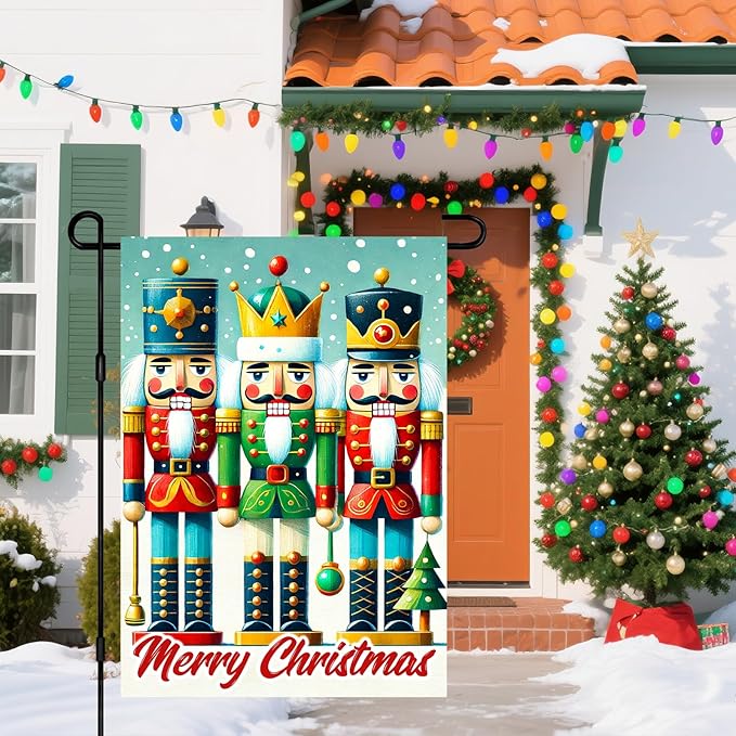 IVN Christmas Garden Flag 12x18 Inch Double Sided Colorful Nutcracker Trio with Ornaments Outdoor Yard Flag for Outside Home Front Door Lawn Porch Patio Welcome Decor