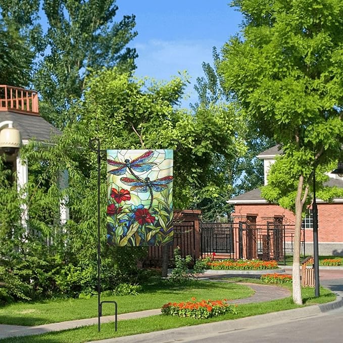 Glass Style Dragonfly Garden Flag 12x18 Inch Double Sided All-Weather Polyester Outdoor Flag For Patio Lawn Yard And Garden Welcome Decor