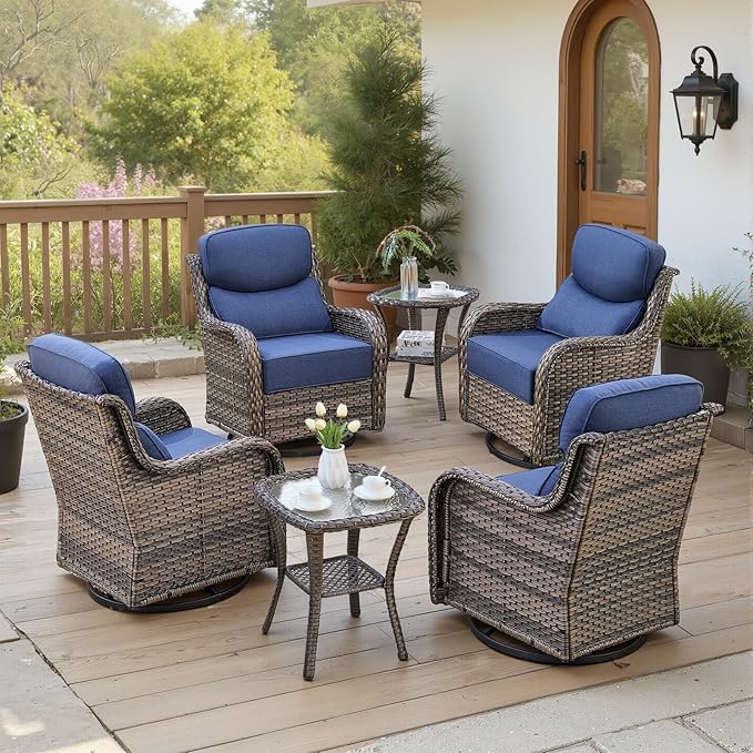 Belord Luxury 6" Thick Cushioned Outdoor Swivel Rocker Patio Chairs Set of 4 with Side Table, High Back Wicker Furniture Set with Ergonomic Zone Back, Conversation Set for Deck Porch - Brown+Grey