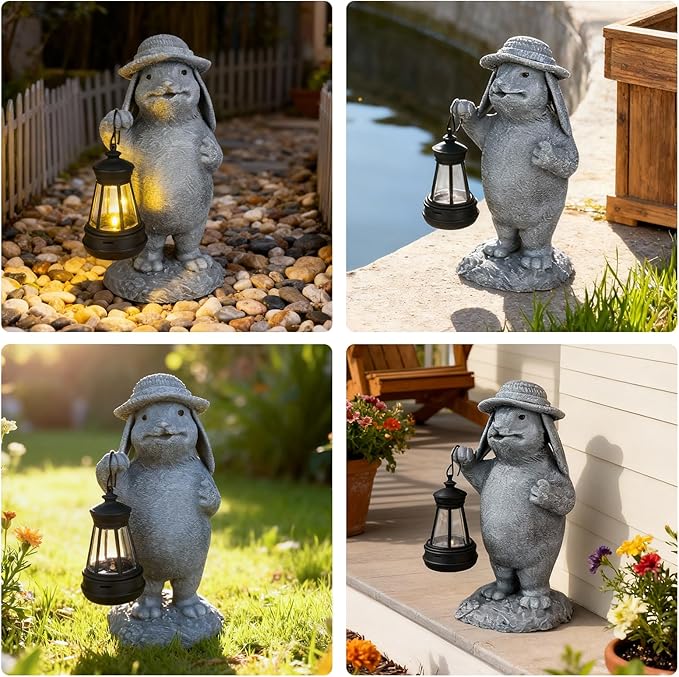 Solar Rabbit Garden Statue with Hanging Lantern - Funny Outdoor Bunny Figurine Easter Decor- Waterproof Resin Sculpture for Yard, Patio, Pathway - Unique Housewarming Gift for Women, Mom & Grandma