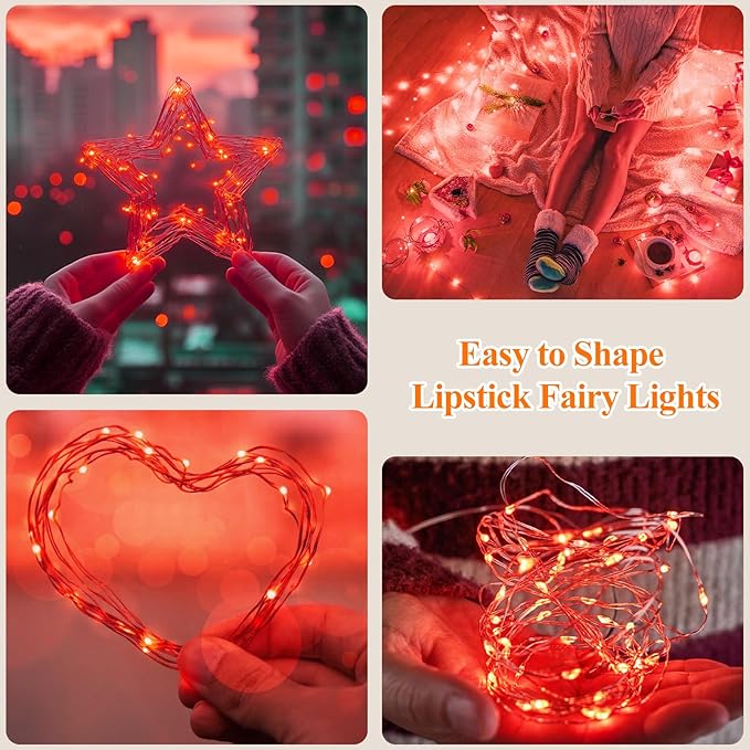 Lakumu Red Fairy Lights Battery Operated, Rechargeable LED String Lights with Timer, Mini Twinkle Lights for Bedroom, Christmas, Wedding, Centerpiece Table Decor (5M/16FT Red)