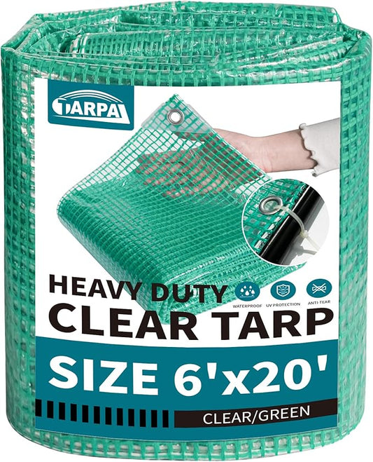 TARPAL 6'x20' Clear Green Tarp Heavy Duty Waterproof 12mil with Grommets or Zip Ties for Large Greenhouses for Outdoors Garden,Farm,Chicken Coops