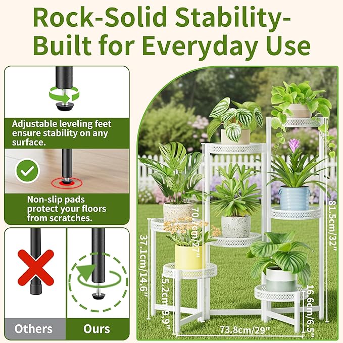 NQW 7 Tier Plant Stand Indoor Outdoor, Corner Tiered Plant Stands, Planter Display Rack for Multiple Plants, Wrought Iron Flower Stand, Folding Tall Plant Rack Shelf for House Patio Garden - WhiteWave