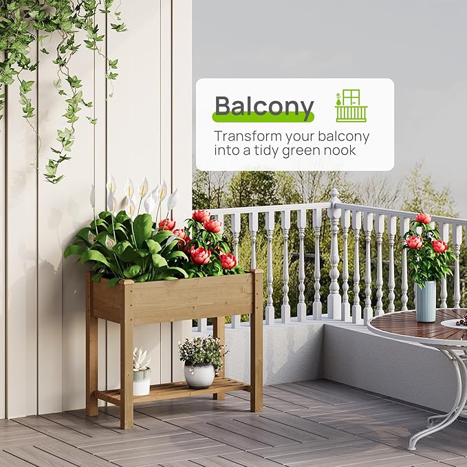Raised Garden Bed, Planter Box with Storage Shelf, Elevated Wooden Planter Box with Legs, Garden Planter for Backyard, Patio, Balcony, Natural Wood (Brown, S)