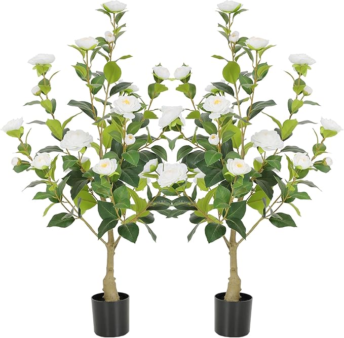 Nafresh 3FT Lush Artificial White Camellia Tree Outdoor 2 Pack, 36inch Faux Camellia Plant, Fake Camellia Flowers Tree for Indoor Outdoor Living Room Home Patio Front Door Garden Decor