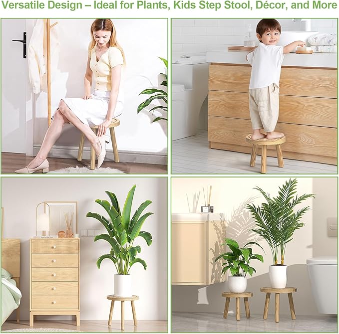 Vecxoty 3-Pack Wood Plant Stands Indoor, Single Plant Stand for 6-12 Inch Pots, Mid-Century Modern Plant Stool, Tall Plant Stand for Large Plants for Living Room, Balcony, Office (Light Brown
