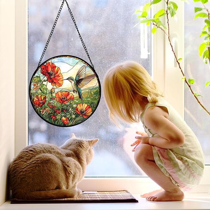DASTOLL Stained Glass Window Hanging, Hummingbirds Orange Flowers Suncatcher Diamond Glass Panel Hangings Sun Catchers Decor for Birthday for Women, Men, Wife, Aunt, and Mom 11.8 in
