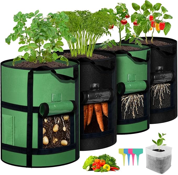 MEKOLIFE 4-Pack 10 Gallon Grow Bags with Window to Harvest - Potato Grow Bags with Flap and Handles - Thickened Fabric Pots - Large Grow Bags - Tomato Garden Vegetables Grow Bags