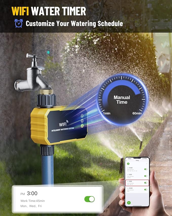 WiFi Water Timer with Brass Inlet No Need Gateway, Smart Hose Timer WiFi Sprinkler for Garden Hose, APP Remote Control Via 2.4Ghz WiFi Voice Control with Alexa and Google Assistant