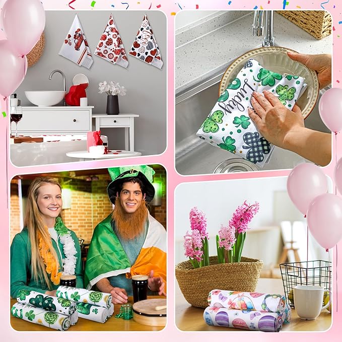 Hahafelt 12 Pcs Valentine's Day Kitchen Towels, St. Patrick's Day Easter Hand Towels Seasonal Holiday Decorative Dish Decor with Truck Shamrocks Bunny Absorbent Soft for Kitchen Bathroom,16 x 24 Inch