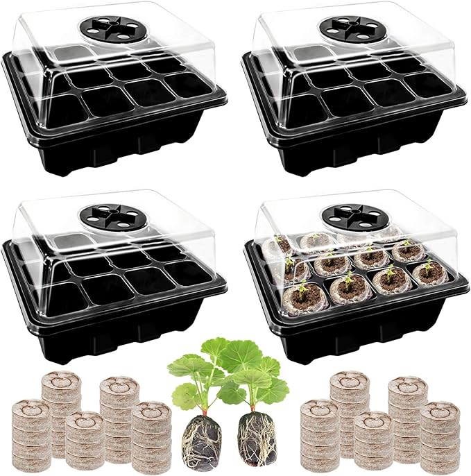 Halatool 4 Pack Seed Starter Tray with 50 PCS Peat Pellets, 48 Cells Black Seeding Starter Trays for Organic Seed Starter Soil Pods for Planting Vegetables Plants Flowers - Starting Seeds Kit