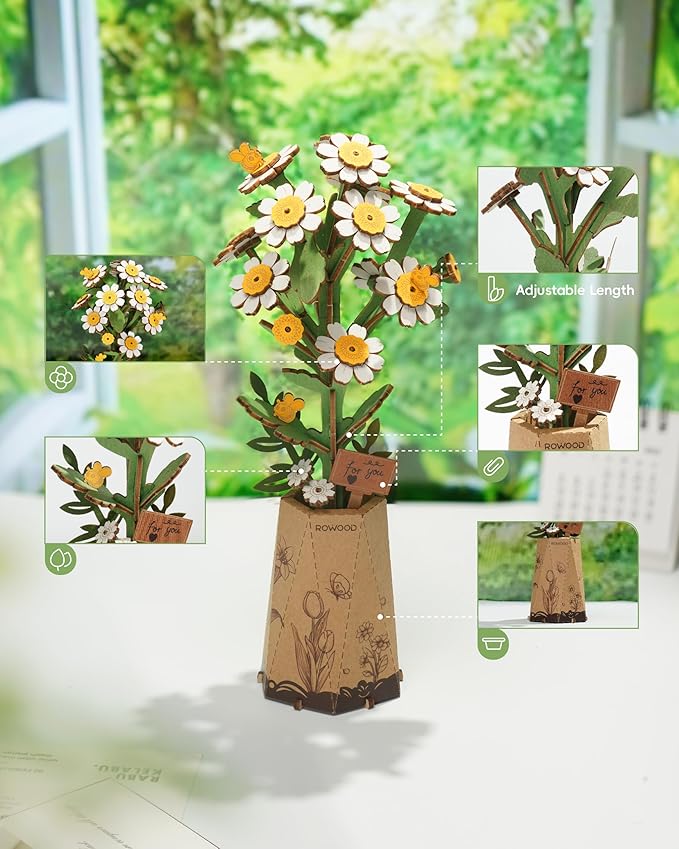 rowood 3D Puzzle Wooden Flower,DIY Flower Building Block Set Craft Kit,Mother's Day/Valentine's Day/Teacher's Day/Thanksgiving/Christmas/Birthday Gift for Mom/Grandma-Chamomile