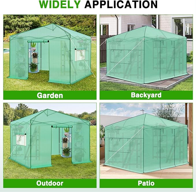 Yesker Greenhouse 10X10 FT Pop Up Greenhouses Tent Walk in Green House with Screen Windows Waterproof PE Cover Portable Large Greenhouse Kit for Outdoor Winter Gardening Backyard Patio Plant Outside