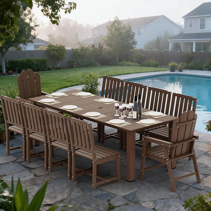 11-Piece Patio Dining Set, Outdoor Dining Set for 10, HDPE All-Weather Outdoor Furniture with 89.57” Umbrella Hole Table, 2 Armchairs & 8 Armless Chairs, Brown