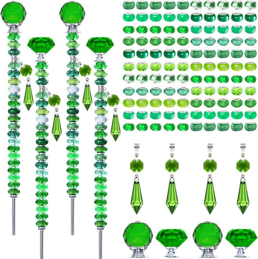Exway 100 PCS DIY Fairy Wand Beaded Garden Stake Beads Kits with Green Large Hole Beads 4 Crystal Stopper Top Threaded Rods and 4 Green Sparkling Crystal Pendants for Outdoor Indoor Decor