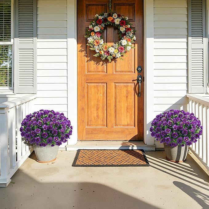 Artificial Fake Outdoor Flowers Plants, Faux Silk Purple Camellia Bundles UV Resistant No Fade Realistic for Planter Pot, Outside Porch Patio Balcony Garden Yard Home Decoration, 3 Large Bundles