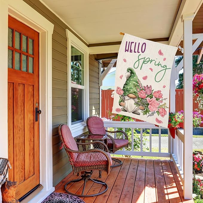 Hello Spring House Flag for Outdoor Gnome with Roses Flowers Yard Flags for Outside,Summer Seasonal Holiday Decorative Flag for Anniversary Wedding Farmhouse Decor 28x40 Inch Double Sided