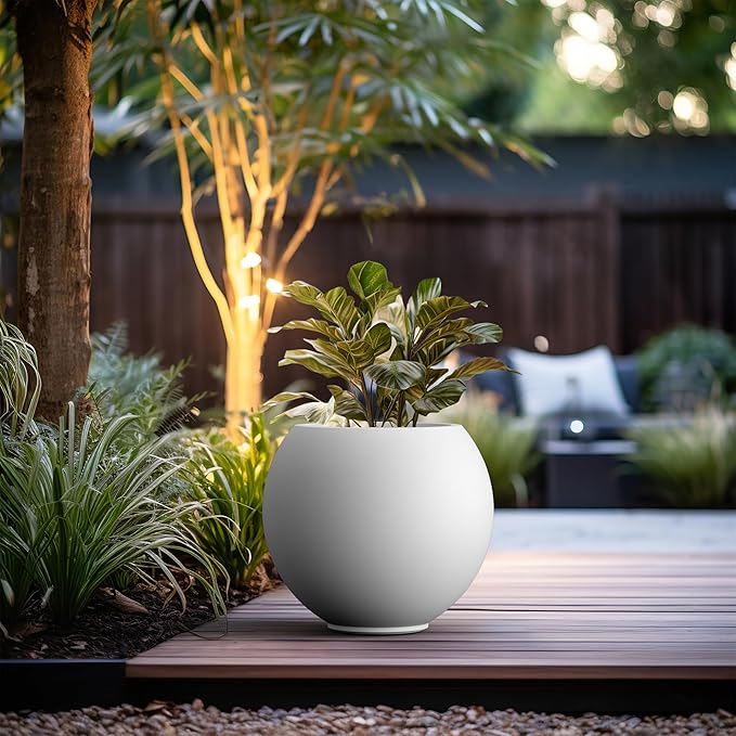 Kante Round Concrete Flower Pot, 19.3 Inch Dia (14" Opening) Sphere Shape Design Planter with Drainage Hole and Rubber Plug for Indoor & Outdoor Plants, White Finish with Painted Interior