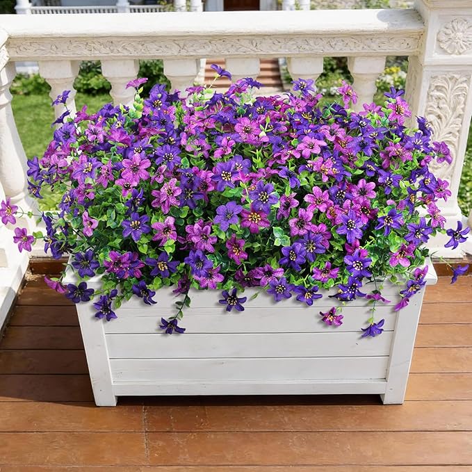 Artificial Flowers for Outdoors 12 Bundles Fake Plants Spring Home Decoration, Realistic Faux Flower Silk Daisy with Eucalyptus Stem UV Resistant Patio Planter Porch Yard Window (Double Purple)