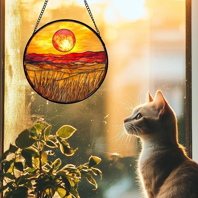 DASTOLL Stained Glass Window Hanging 4 Pcs Set Desert Sunset Theme Landscape 7.8" - Suncatcher Door Garden Sun Catcher Decor Birthday Christmas for Mom Woman Nana Men