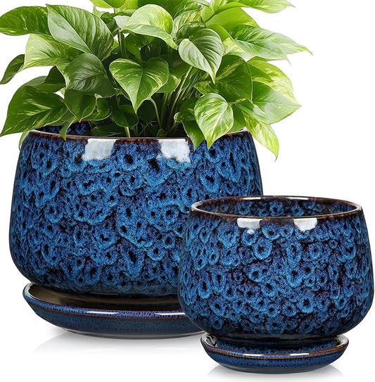 Blue Ceramic Planter Pots with Drainage Holes, Set of 2 7''+5'' Saucers and Mesh Pads Large Round Plant Pot for Indoor-Outdoor Plants, Succulent Orchid Flower