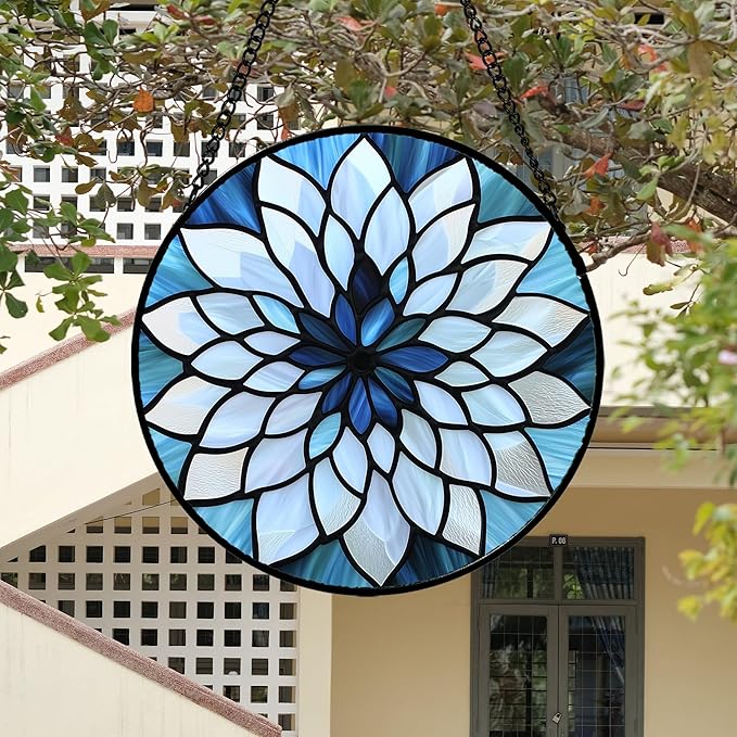 AMDERVEN Stained Glass Suncatcher, Blue White Multi-Petal Flowers Sun Catcher Landscape Stain Glass Window Hanging Decoration Mother's Day Birthday Gifts for Women Men Mom Nana 7.8 in