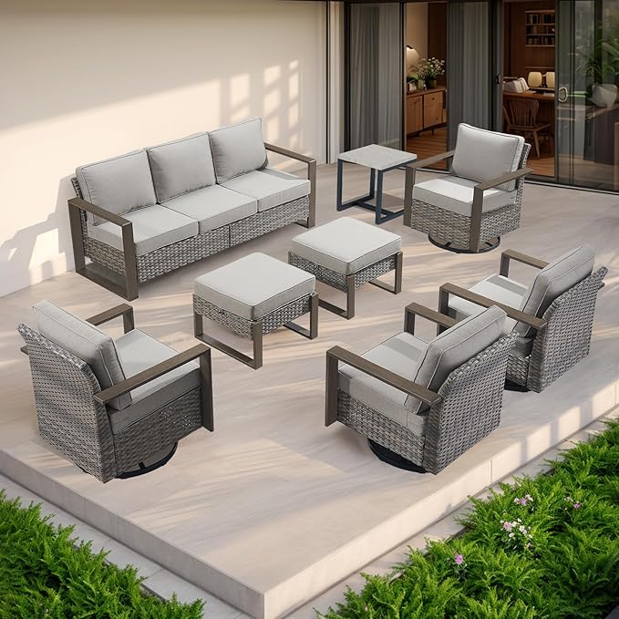 Rilyson Outdoor Wicker Patio Furniture Set - 5 Piece Patio Conversation Set with 2 Wicker Swivel Rocker Chairs,2 Ottoman, 1 Side Table, Thick Cushions, Deep Seating, Wide Armrest(Mixed Grey/Grey)