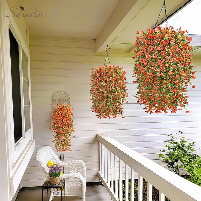 Serwalin 4PCS Artificial Fall Flowers for Outdoors Decoration, Realistic Silk Artificial Fall Hanging Flowers for Patio, Garden, Porch, Window, Outside (Orange,4PCS)