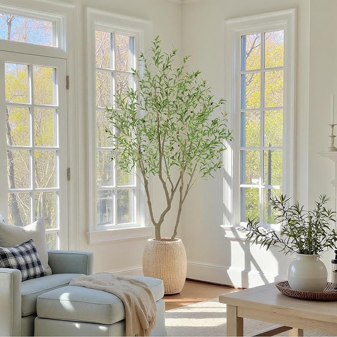 7ft UV Resistant Realistic Artificial Olive Tree Outdoor, 84in Tall Faux Olive Tree for Outdoor with Lifelike Leaves and Branches, Fake Olive Tree for Home Office Living Room Patio Decor.