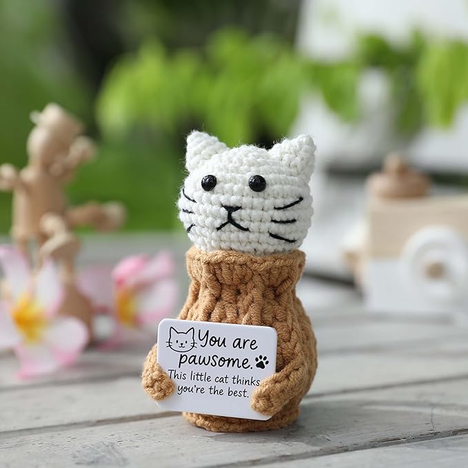 YOOJEE Positive Crochet Animals Cat – “You are Pawsome” Valentines Day Gifts for Him Her Boyfriend Girlfriend Women Teens, Emotional Support & Cheer Up Present, Teacher Appreciation, Birthday Gift