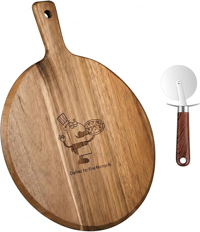 GleeNflux 12" Acacia Wood Charcuterie & Pizza Serving Board Set with Pizza Cutter, Rustic Wooden Board for Cheese, Appetizers & Entertaining, Thoughtful Housewarming Gift