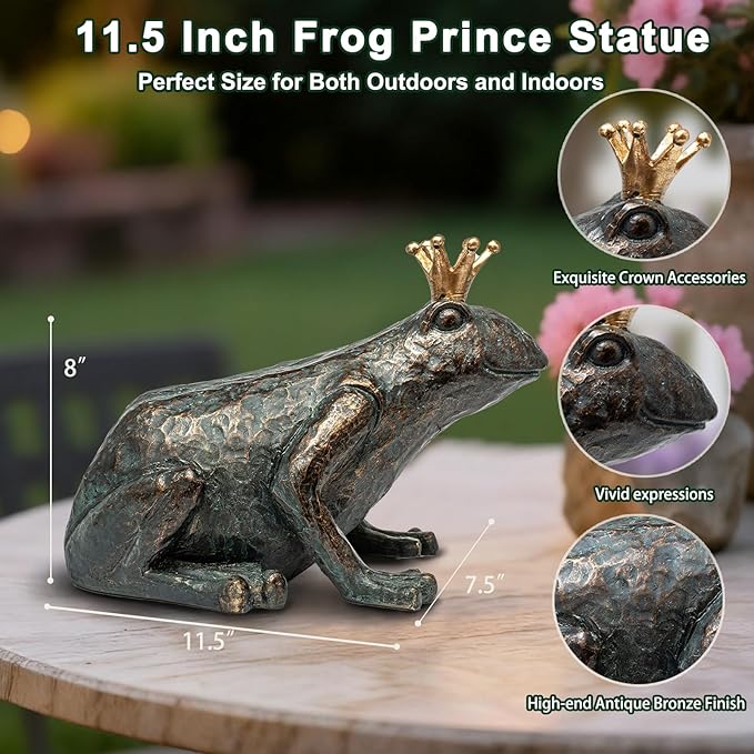Lune cle Frog Garden Statue,11.5" L×8" H Animal Figurines Garden Decor, Weather-Resistant Outdoor & Indoor Sculptures & Statues for Home,Patio,Yard and Entryway-Crouching Frog Prince