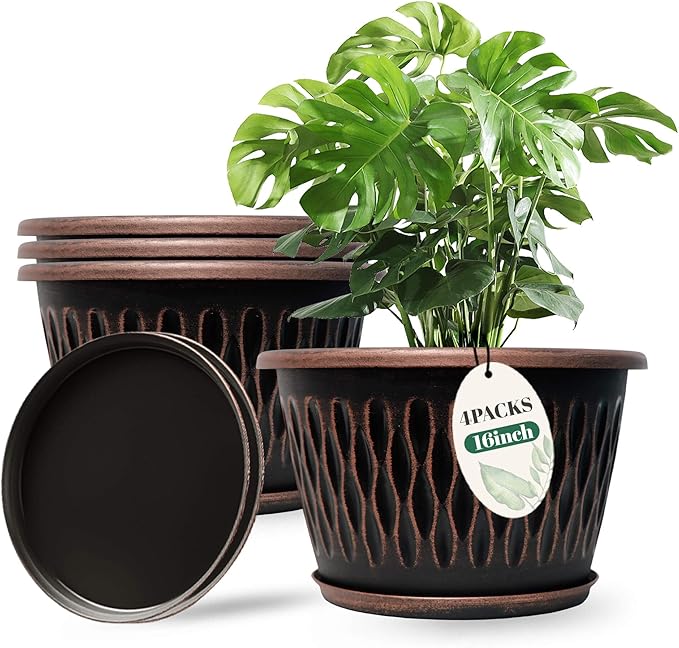 Usocik 4 Pack 16 Inch Retro Plant Pots, Vintage Striped Flower Pots with Drainage Hole & Saucer, Large Plastic Planters for Indoor and Outdoor Plants, Decorative Garden Pots(Copper)