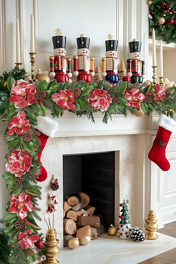 Briful 5FT Christmas Magnolia Flower Garland with Pine Cones Berries Artificial Silk Floral Vine Faux Flower Garland for Xmas Backdrop Table Wall Wedding Party Home Decor