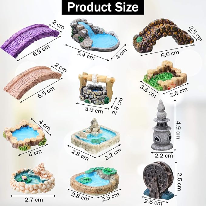 Jetec 12 Pcs Garden Accessories Miniature Bridge Mini Lighthouse Water Well Bridge Figurines Pond Lawn Ornament Figurines for DIY Craft Garden Decor(Classic Style)